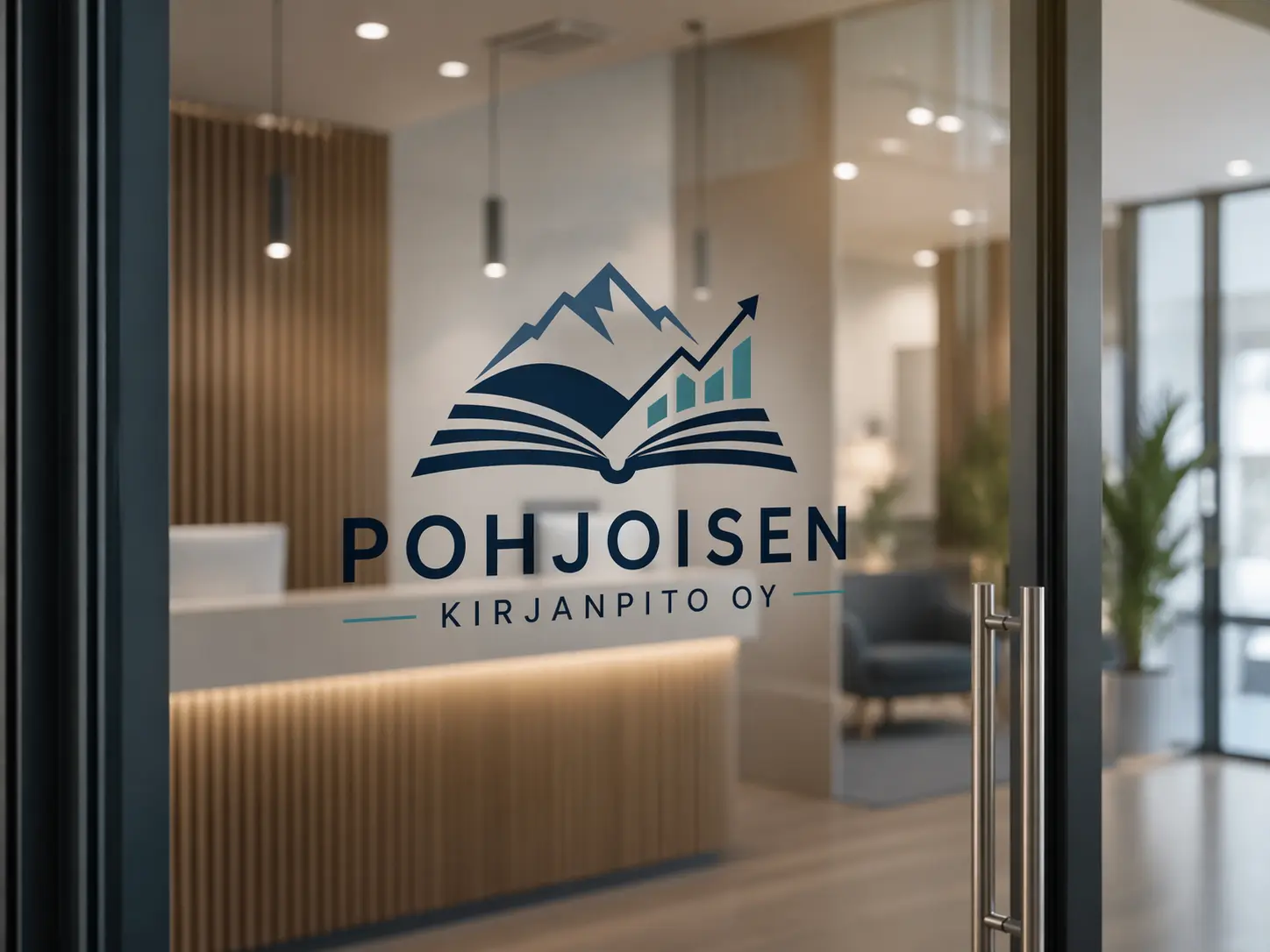 Pohjoisen Kirjanpito Oy toimiston ikkuna logolla